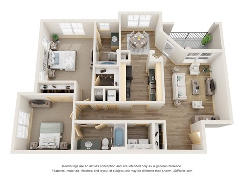 Floor plan for 2 beds, 2 baths, 1070 sqft